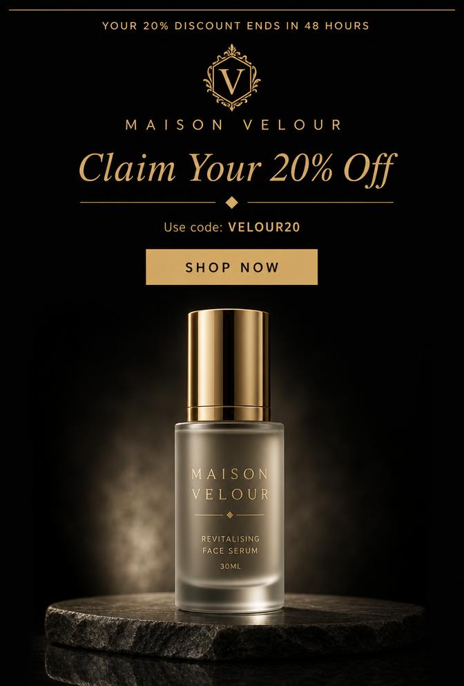 Maison Velour 20% off email with a branded serum bottle in single-product spotlight